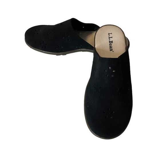 LL Bean Black Suede Flower/Star Laser Cut Slip On Mules Shoes 4 - Picture 6 of 10